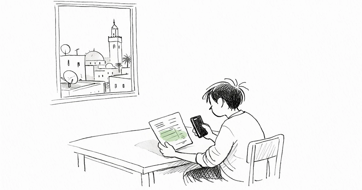 Illustration éditoriale : une personne consulte sa facture d'électricité et un convertisseur de devises sur smartphone, vue d'un quartier maghrébin en arrière-plan